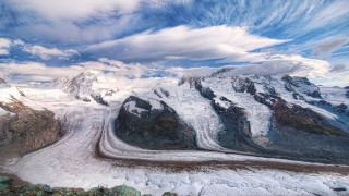 Mountain snow clouds river landscape - wide angle len free wallpaper for desktop
