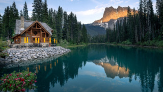 Cabin rock wall lake mountain - ecological art free wallpaper