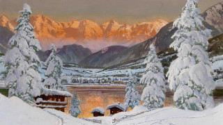 Snowy mountain lake forest sunset 3 - kinkade free wallpaper