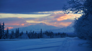 Snowy road mountain sunset pink - a snowy road free wallpaper