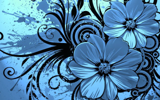 Blue flower black swirls blue - modern european ink painting free wallpaper for desktop