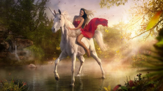 Woman horse forest waterfall magical - flower and trees free wallpaper