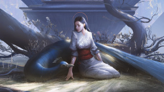 Woman bird forest pagoda fantasy - the ground next free wallpaper