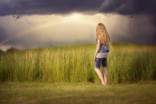 Woman field rainbow cloud stormy - a rainbow in the background free wallpaper for desktop