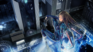 Futuristic woman city clocktower holography - cyberpunk style free wallpaper