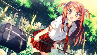 Red haired schoolgirl leaning rail - a handbag free wallpaper