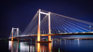 Night bridge reflection city lights - cable wire free wallpaper