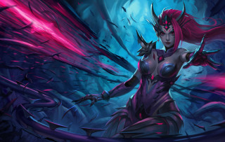 Redhair purpleoutfit sword bluebackground epsylonpoint - a purple outfit holding free wallpaper