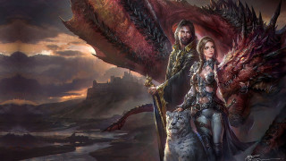 Man woman horse dragon castle - free fantasy wallpaper