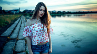 Woman beach sunset blowing hair - fashion photography free wallpaper