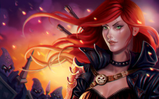 Red haired katarina city sunset - her hand and a city in the background free wallpaper
