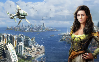 Futuristic city woman plane ship - a futuristic city in the background free wallpaper