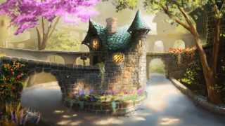 Castle bridge flowers trees fantasy - a painting of a castle free wallpaper