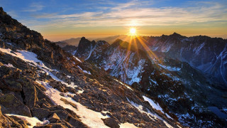 Mountain sunset snow rocks ocean - alen divi free wallpaper