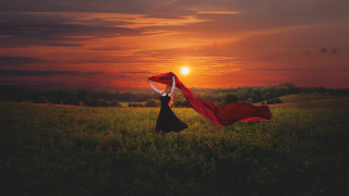 Woman black dress red scarf 3 - the sun in the background free wallpaper for desktop