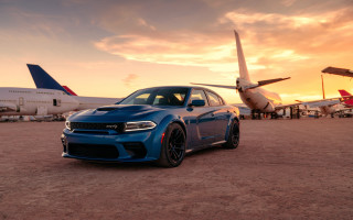 Blue dodge charger airport sunset - an airport free wallpaper