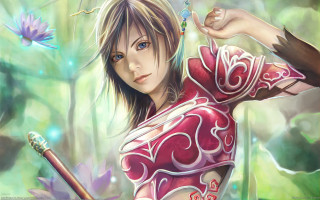 Woman red outfit sword bird 2 - in a forest free wallpaper