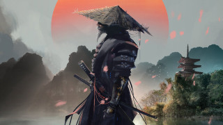 Fantasy cyberpunk armor sword lake - a pagoda in the background free wallpaper