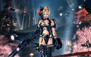 Futuristic woman armor cityscape gun - a futuristic outfit holding free wallpaper