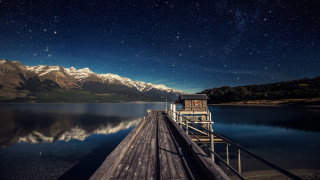 Wooden dock lake night starry - night sky free wallpaper