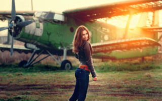 Woman old plane grass sunset - free vintage wallpaper