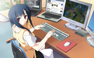 Girl sitting desk keyboard mouse - free gaming wallpaper