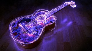 Guitar stickers woodenfloor purplelight neon - sticker free wallpaper for desktop