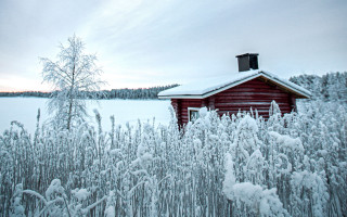 Cabin snowy field lake forest - grass and trees free wallpaper
