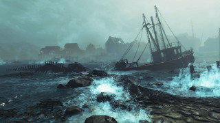 Ship smoke rocky shore city - a ship free wallpaper