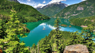 Lake mountains trees blue sky 12 - the middle of the day free wallpaper
