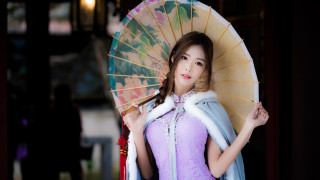 Woman purple dress parasol fan 2 - art nouveau free wallpaper