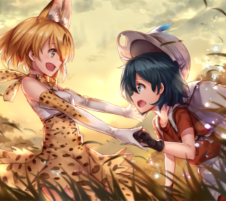 Anime girls grass cat head - free cats wallpaper for tablet