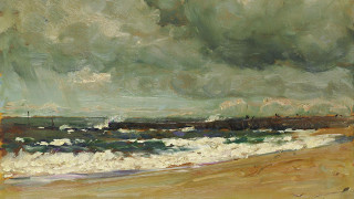 Beach waves cloudy sky boat - an oil painting free wallpaper