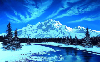 Snowy mountain river trees blue - bob ross free wallpaper for desktop