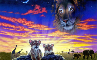 Lions giraffe sunset moon mountains - brothers hildebrandt free wallpaper for desktop