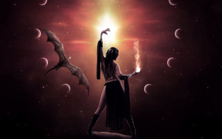 Woman staff moonphases bats light - shining behind her free wallpaper