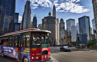 Trolley cityscape skyscrapers blue sky - tall free wallpaper