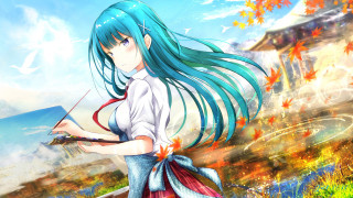 Blue haired girl autumn leaves - artist free wallpaper for desktop