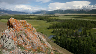 Large rock valley trees mountains - a large rock free wallpaper