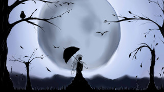 Woman umbrella fullmoon bats anime - an umbrella in front free wallpaper