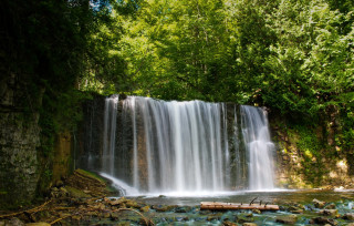 Waterfall forest rocks people nature 2 - the rock free wallpaper