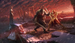 Snowy fight red sky armor - a red sky in the background free wallpaper