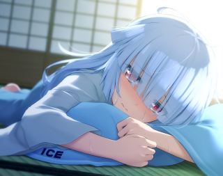 Blurry silver haired girl laying - a blue blanket free wallpaper