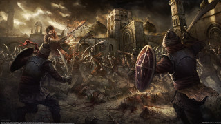 Battle helmet sword smoke fantasy - a painting of a battle free wallpaper