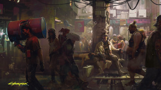 City street group man bench - dystopian art free wallpaper