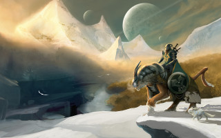 Man riding horse snow dog - sci fi fantasy free wallpaper