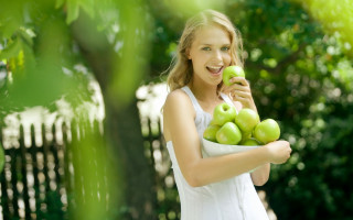 Woman green apples smile outdoors - a bowl free wallpaper