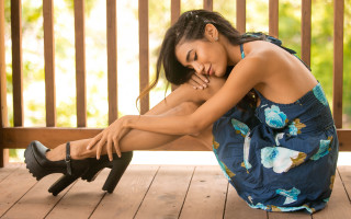 Woman sitting deck black hair - audrey kawasaki free wallpaper for desktop