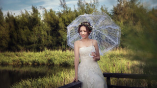 Wedding dress umbrella bridge pond - a woman in a wedding dress holding free wallpaper