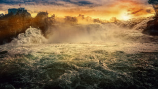 Waterfall castle sunset river mountain - a waterfall free wallpaper